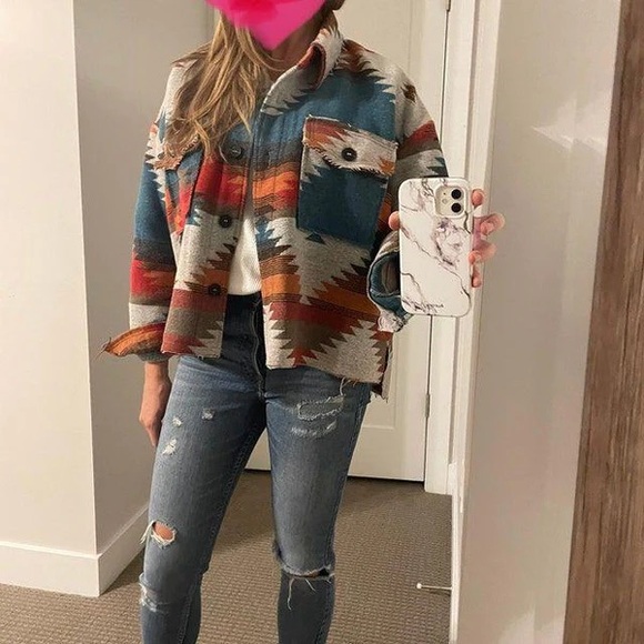 Womens Aztec Shacket Jacket Loose Vintage Boho Wool Blend Coat Button Down Shirt - Picture 8 of 9